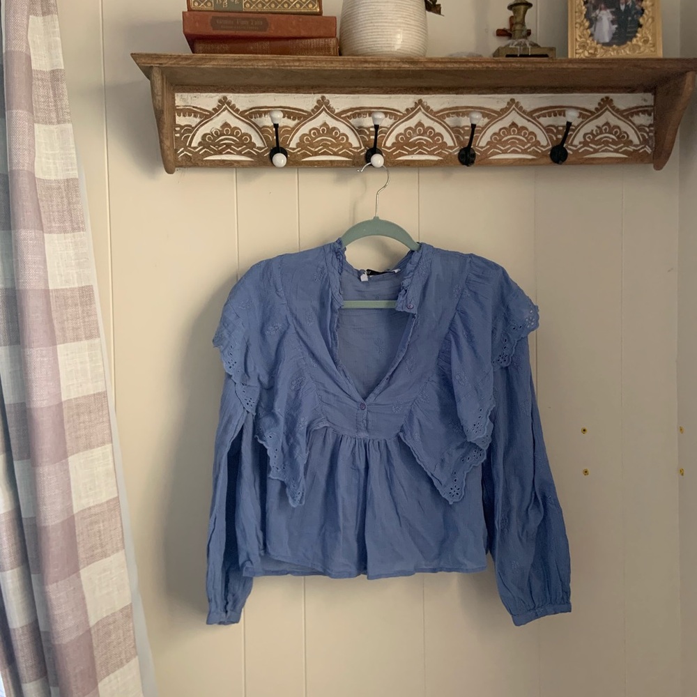 Zara Blue long Sleeve Eyelet Ruffled Peplum Blouse